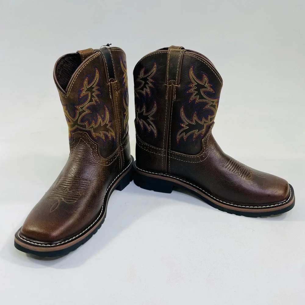 Justin Kids Brown Leather Square Toe Western Work Boots 4681JR Size 3 D